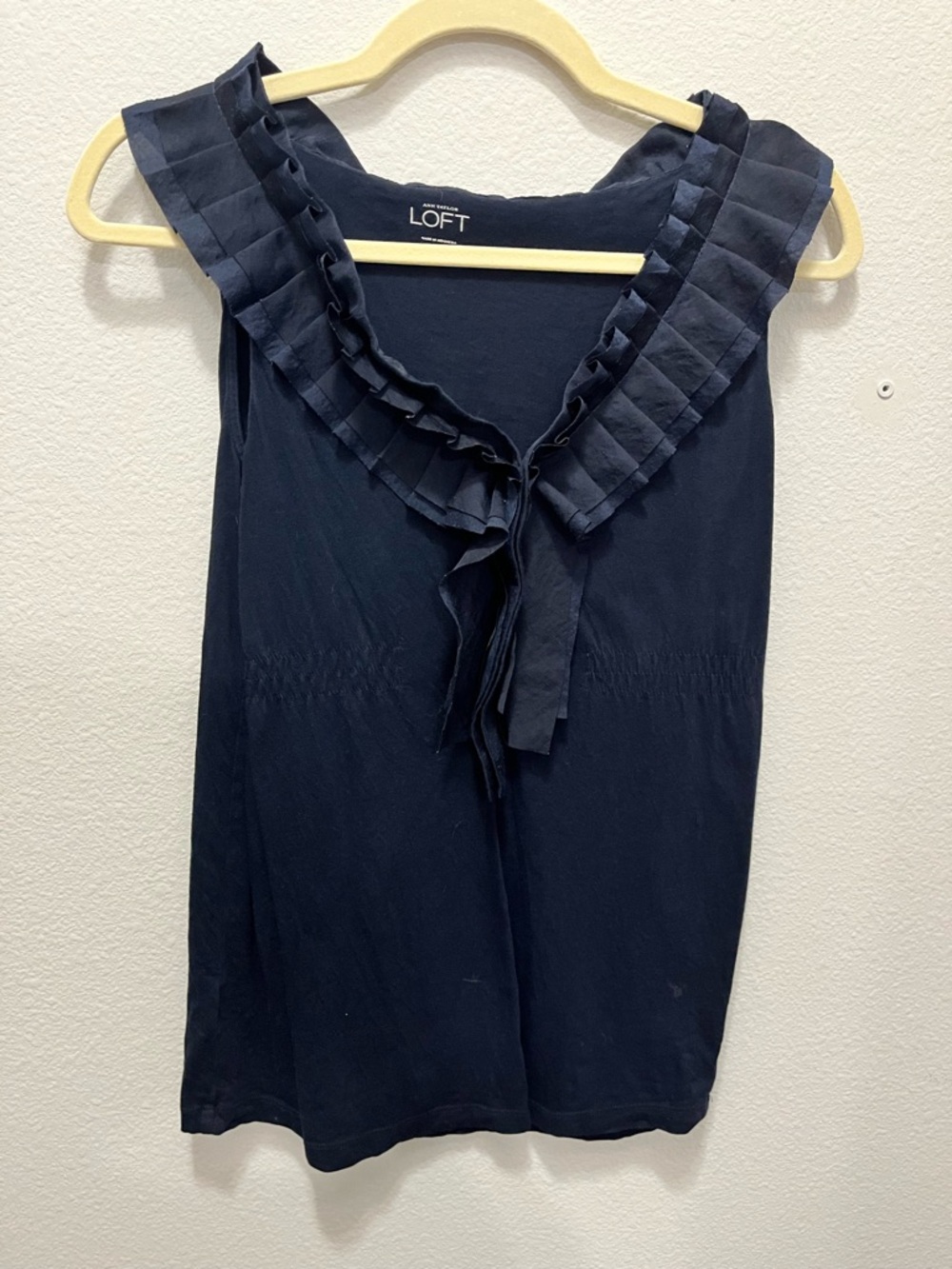 LOFT Navy Ruffle-Trim Sleeveless Knit Bliouse - Picture 4 of 5